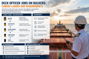 Infographic explaining deck jobs on bulk carriers: cadets, OS, AB, and bosun roles and duties