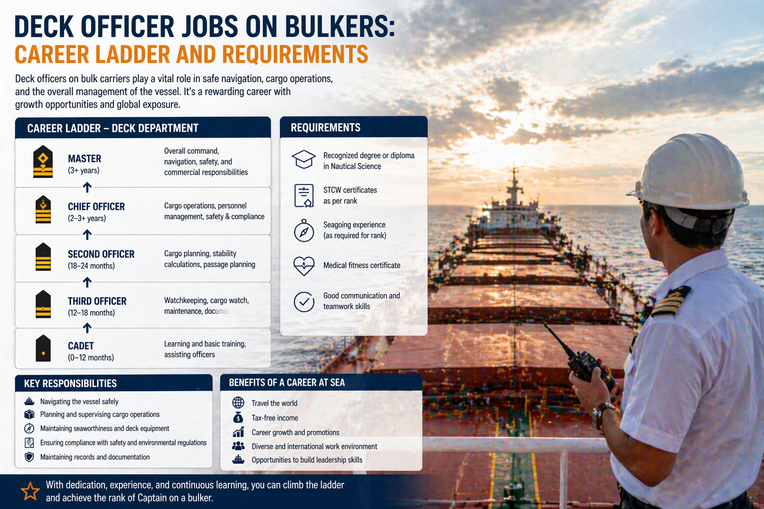 Infographic explaining deck jobs on bulk carriers: cadets, OS, AB, and bosun roles and duties
