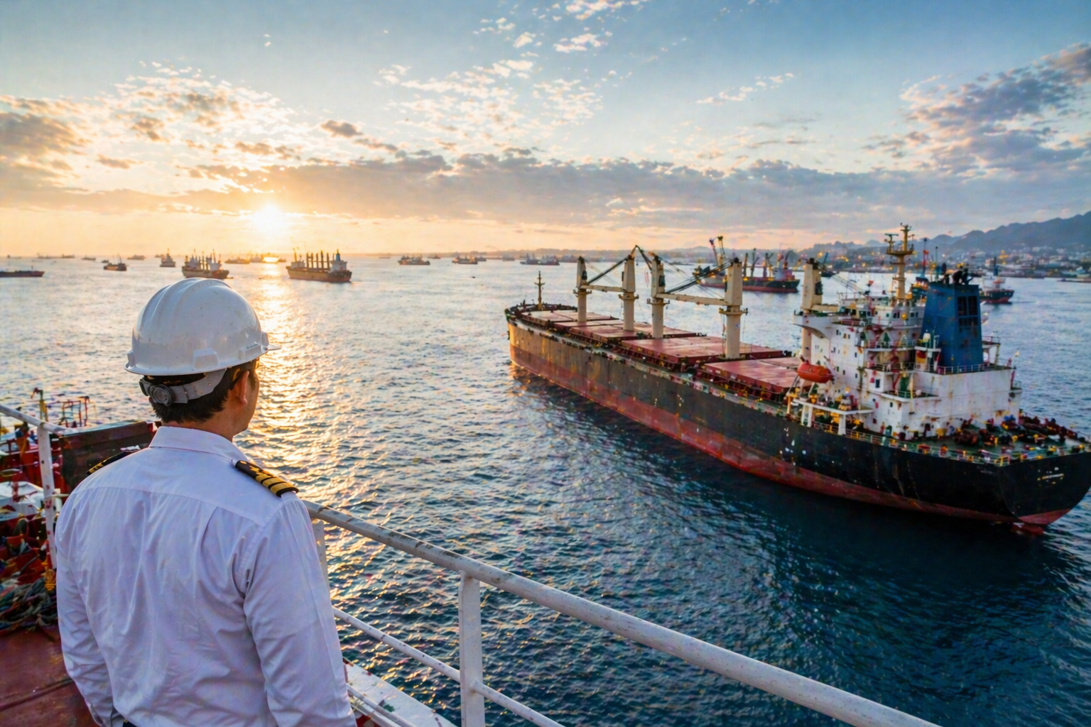 Ship’s officer in white uniform and hard hat on the bridge wing watching another bulker on the water at golden hour