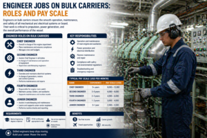 Infographic on jobs and pay scales on bulk carriers with a crewman at engine-room valves