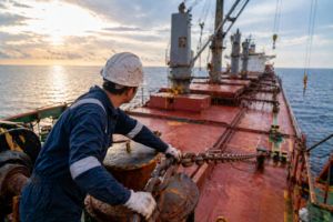 Deck crew member in blue coveralls and a white hard hat working with heavy chains on a bulk carrier at sunrise or sunset