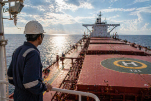 Seafarer in blue work clothes and a white hard hat on the bridge looking along the long red deck toward the bow