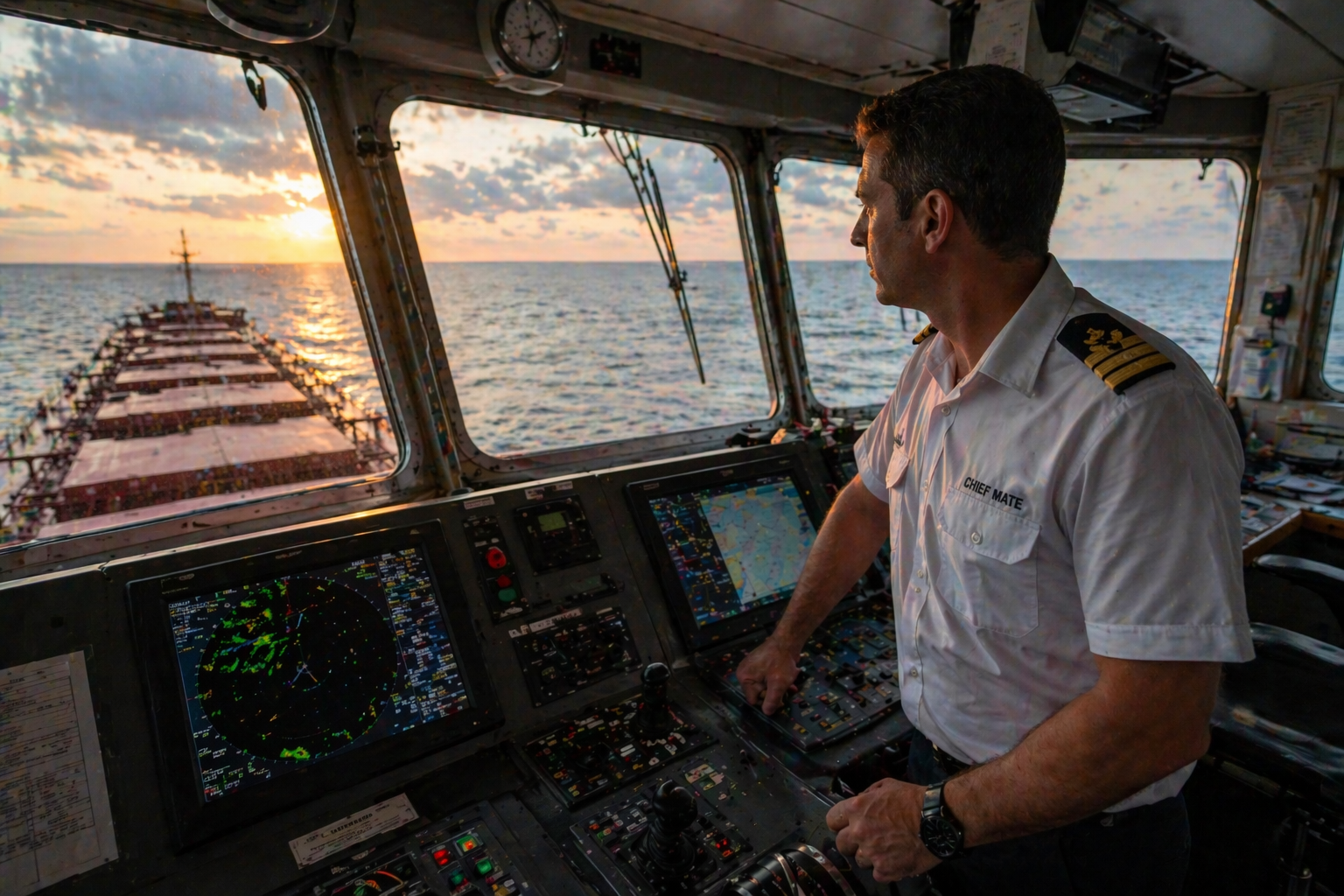 Officer on the ship’s bridge at controls with electronic navigation screens and a sunset over the open sea